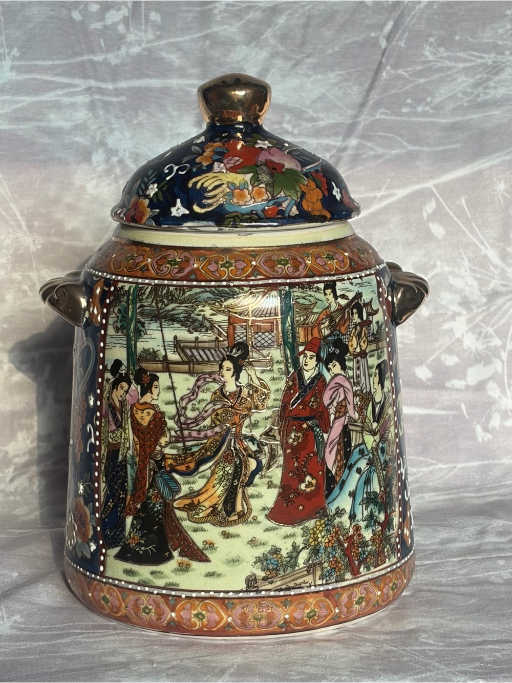 Vintage Chinese Satsuma Style 12” Lidded Porcelain Vessel Asian Ladies